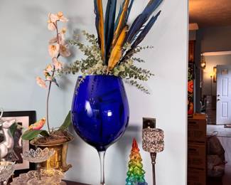 Very large blue wine glass vase 24"H
