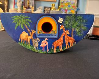 Wooden semi-circular ark-style birdhouse, painted on both sides (likely by Linda Conner)  6"H x 14"L x 5"D