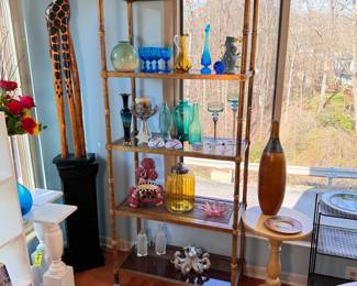 Regency metal shelf (L) with 4 glass shelves and one caned minor wear, mostly to the feet 5'10"H x 32"W x 14"D