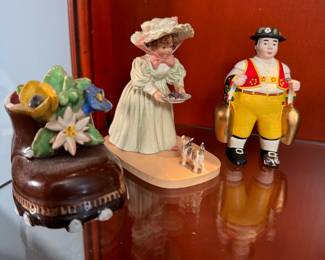 Group of vintage figurines including a shoe and Maud Humphrey Bogart feeding a cat 2-3"H