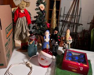Box Lot#96 Tall Christmas decorations, blue ornaments, green tablecloth, snowman lamp