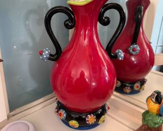 Ceramic red with ceramic bead double-handled vase 11"