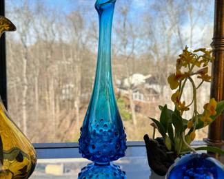 Blue Fenton hobnail glass vase 9"H
