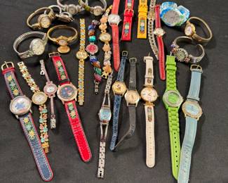 Jewelry Lot#31 large group of watches including Disney, Girl Scout and Barbie