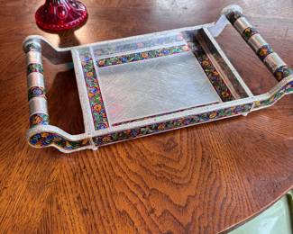 Lightweight tray with silvered metal and colorful floral design (India) 16"L x 8"W