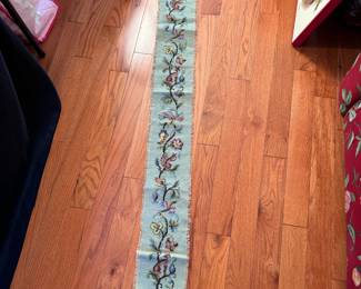 Needlepoint Lot E: long banner with birds, flowers, and foxes, mild spots, 4'8" x 6"