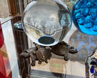 Clear Glass ball on turtle stand 3"