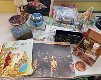 Box Lot#27 painting books, patches, shells, small lamp, foreign money