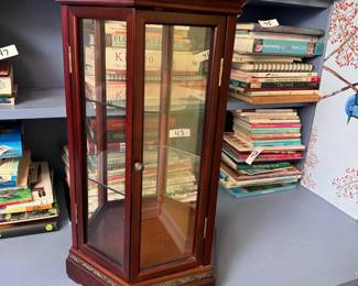 Hexagon curio cabinet with glass shelves, minor wear 18"H x 11"W