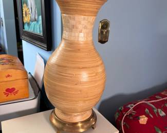 Indigo Spice tall bamboo-style vase and brass stand, vase is 17"H