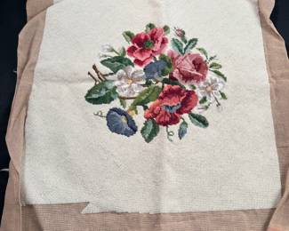 Needlepoint Lot D: Floral bouquet with cream background, one edge not complete, some stitches missing near center 19"
