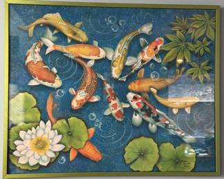 Koi fish by Linda Conner, print in green metal frame, signed 17" x 22"