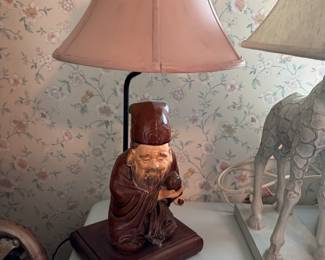 Ceramic mud man lamp, shade shows wear (clip-on) 22"H