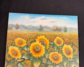 Sunflower painting on canvas under glass 12" x 16"