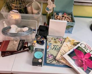 Box Lot#20 craft supplies, painting books, metal birdcage, mermaid