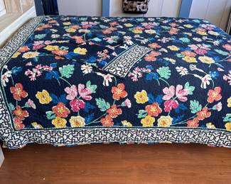 Dark blue floral Vera Bradley thin quilt with one standard sham, appears to be full/queen size