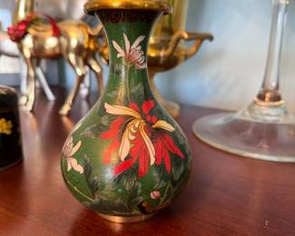 Small green Cloisonné brass vase 5"