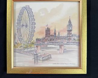 Small framed print of the London Wheel and the Houses of Parliament 7" x 7"