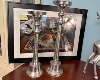 Pillar candle holders with hammered finish, tallest is 16"