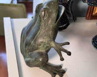 Cast metal frog with green patina 3"H
