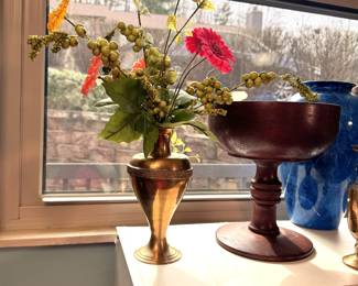 Brass vase, India, with floral arrangement, vase is 8"H