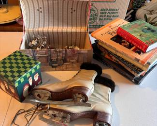 Box Lot#67 vintage Canadian Flyer ice skates, Christmas items, books