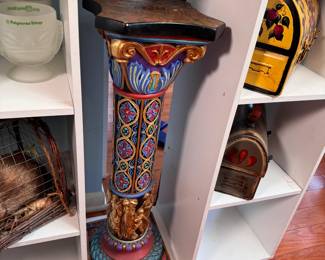 Plaster, Greek pillar, colorful, does have a glue-repaired corner on base, appears sturdy 30"H