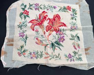 Needlepoint Lot H: Lillies with cream background, some spots & wear, 13"