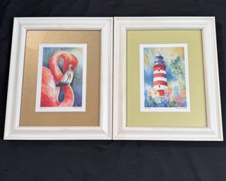 Signed prints of Flamingo and Lighthouse by Bowyer 10" x 12"