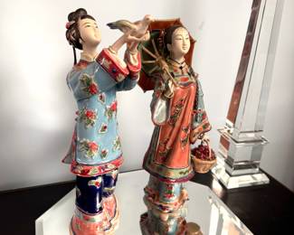 Pottery Chinese figurines, minor condition issues (a few chipped fingers) with mirror display 12"H