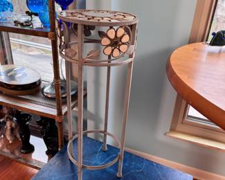 Metal plant stand with floral stone design, some wear 26"H x 10"W 