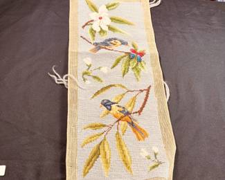 Needlepoint Lot L: rectangular with birds and white flowers, grey background 20" x 7"