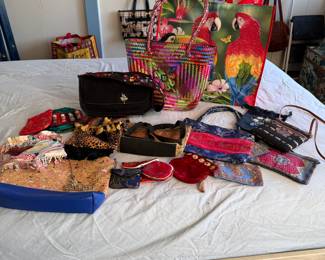 Variety of bags and purses, cork, oriental, South American,  with some wear in parrot tote bag