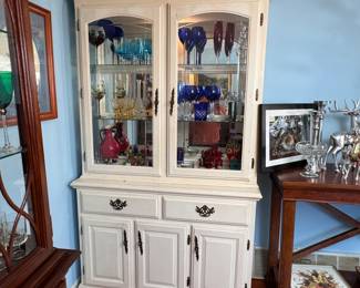 Lighted wooden china cabinet, glass shelves above, ready for new paint 6.5 ft. tall x 46"W x 16"D