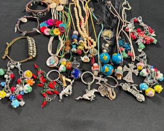 Jewelry Lot#20 necklaces, key rings, variety of bracelets