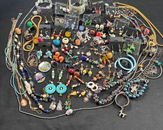 Jewelry Lot#28 large group of beaded and chain necklaces, cloisonné necklace, millefiori pendants, bracelets, earrings, rings  