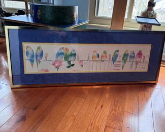 Birds on a clothesline watercolor in metal frame 44" x 16"