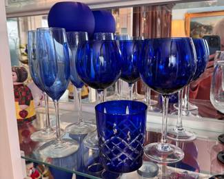 Grouping of blue wine and champagne glasses