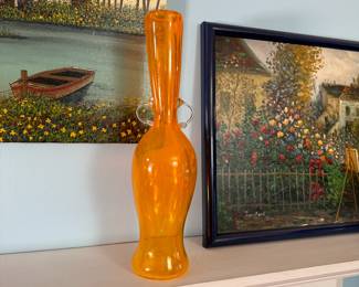 Art glass tangerine vase with handles 17"H