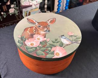 Round modern shaker box with hand-painted lid by Linda Conner 12"W