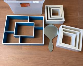Trinket Box W with hand mirror, geometric curio wall shelves (the squares are all individual) largest shelf is 21" x 16"