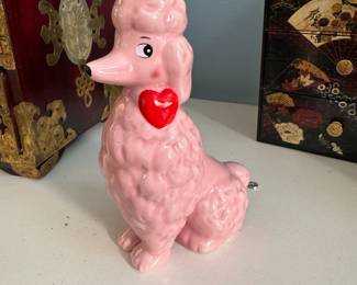 Pink ceramic poodle with heart 5"H