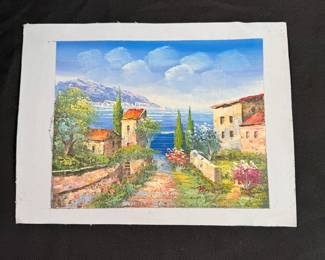 Oil painting on canvas of Mediterranean villas, signed, entire size is 13" x 10"