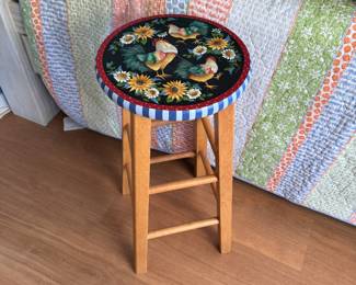 Hand-painted, very sturdy wooden stool, by Linda Conner 28"H x 12"W