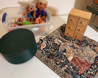 Box Lot#56 small tapestry, wooden boxes, trolls