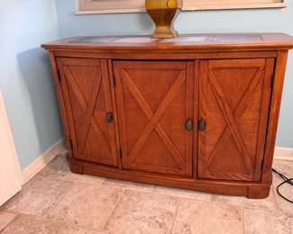 Console-bar cabinet with tile inserts on top, 3 individual  cupboards with shelf, some wear, 30"H x 46"W x 18"