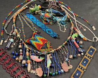 Jewelry Lot#10: Intricately beaded necklaces, bracelets, birds, pouch