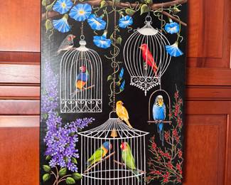 Bird Cages print on canvas by Linda Conner, with framed backing 24" x 18"