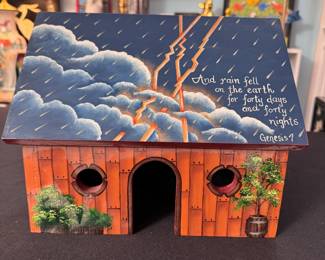 Noah's Ark-themed painted wooden house, painted on all sides, likely by Linda Conner 8"H x 11"L x 4"D