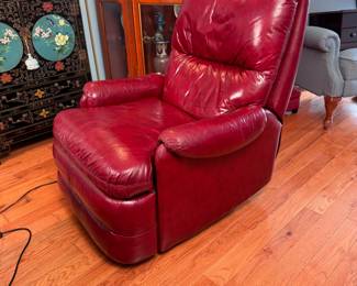Bradington Young red leather recliner, some wear, mostly to head and armrests 30"W